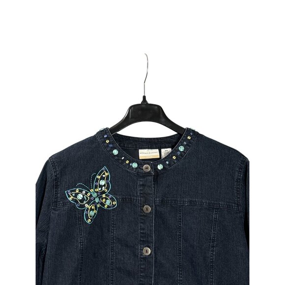 Alfred Dunner Women Denim Jacket Beaded Embroidered Butterflies Button Front 20W - Picture 2 of 5